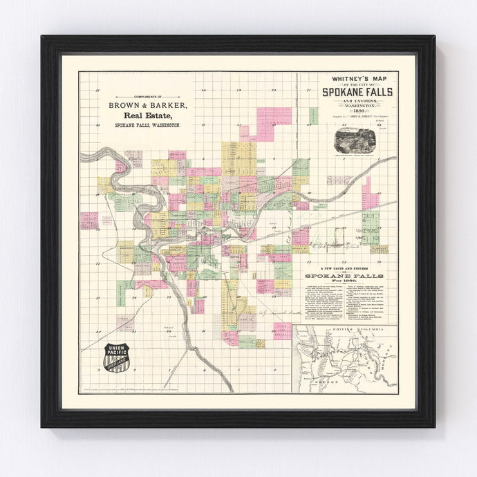 Vintage Map of Spokane Falls, Washington 1890