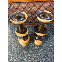 Load image into Gallery viewer, Vintage Hand Turned Pair of wooden Taper Candlestick Holders Two Toned
