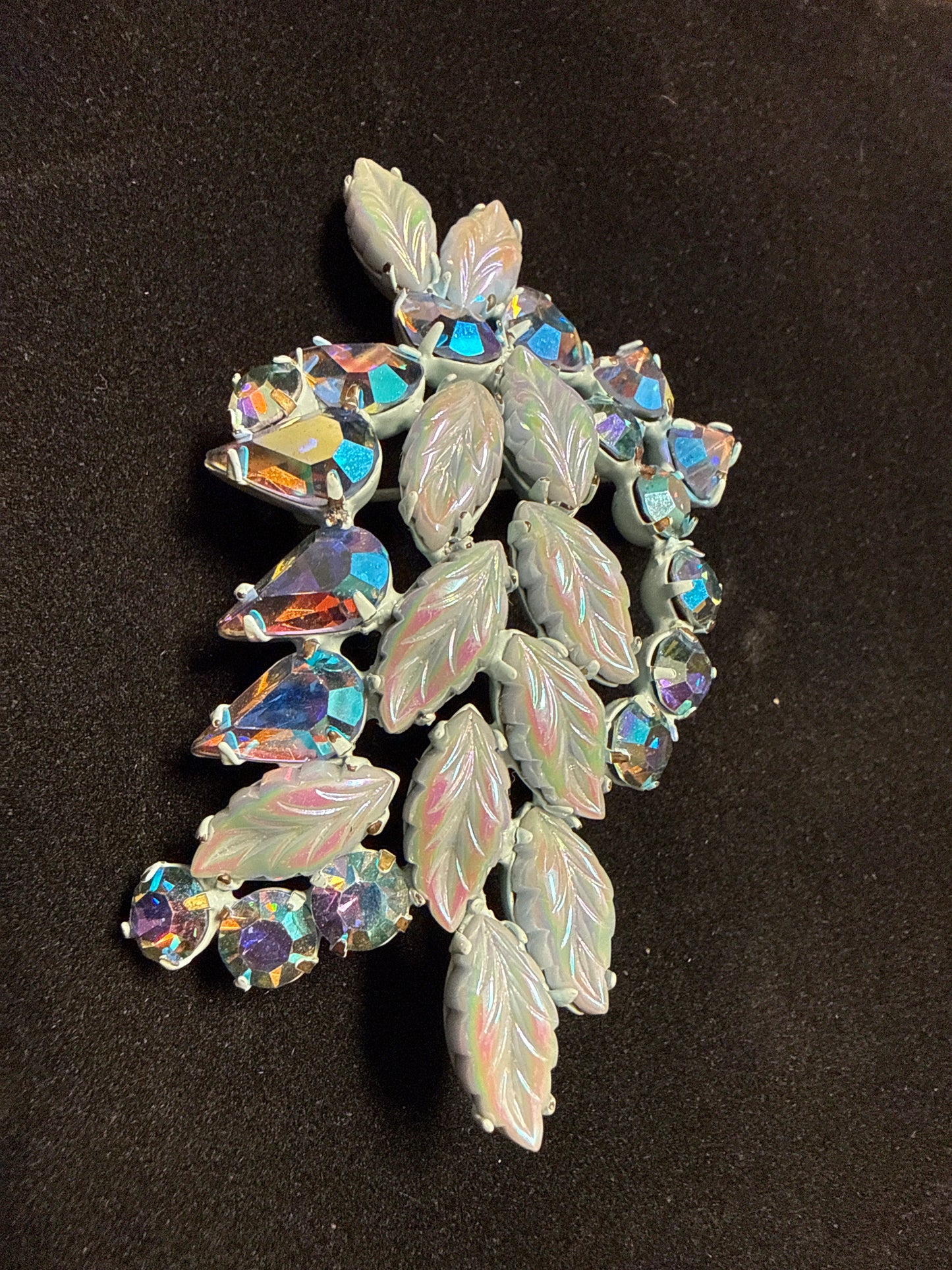 Vintage Aurora Borealis Rhinestone and Iridescent Leaf Brooch