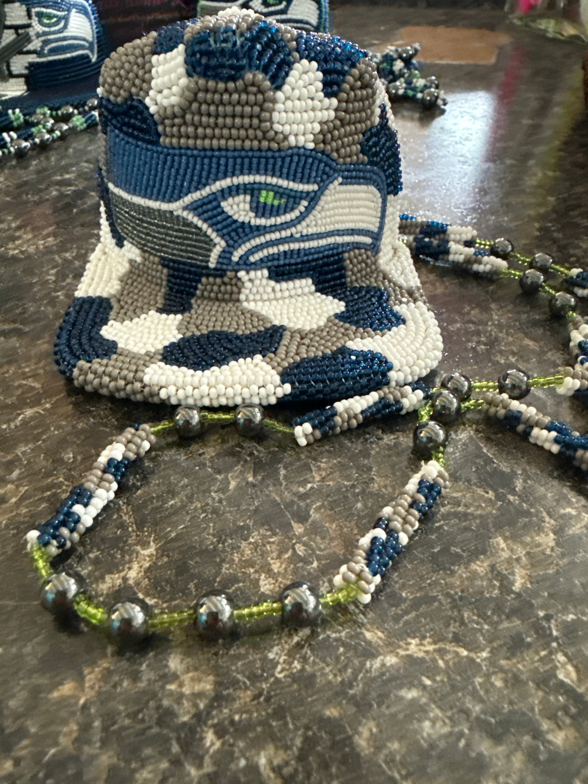 Hand Beaded Seattle Seahawk Hat Necklace