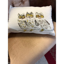 Load image into Gallery viewer, Three Green and Brown Owls on an Ecru Pillow 17x12
