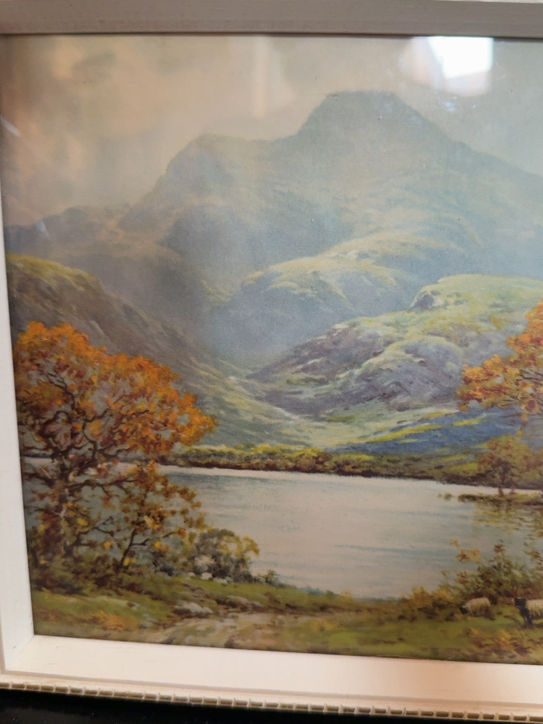 Vintage Framed Mountain Lake Landscape Print with Sheep