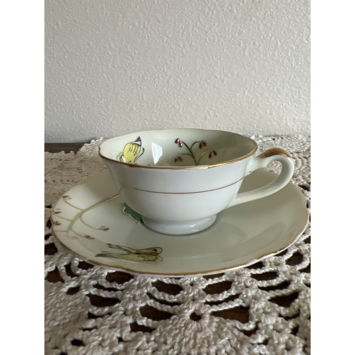 Vintage Demitasse Porcelain Hand Painted Teacup & Saucer With Green Leaves, Butterflies, and Gold Trim Made in Japan