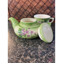 Load image into Gallery viewer, Stacking Single Person Teapot and Cup Green with Purple Violets
