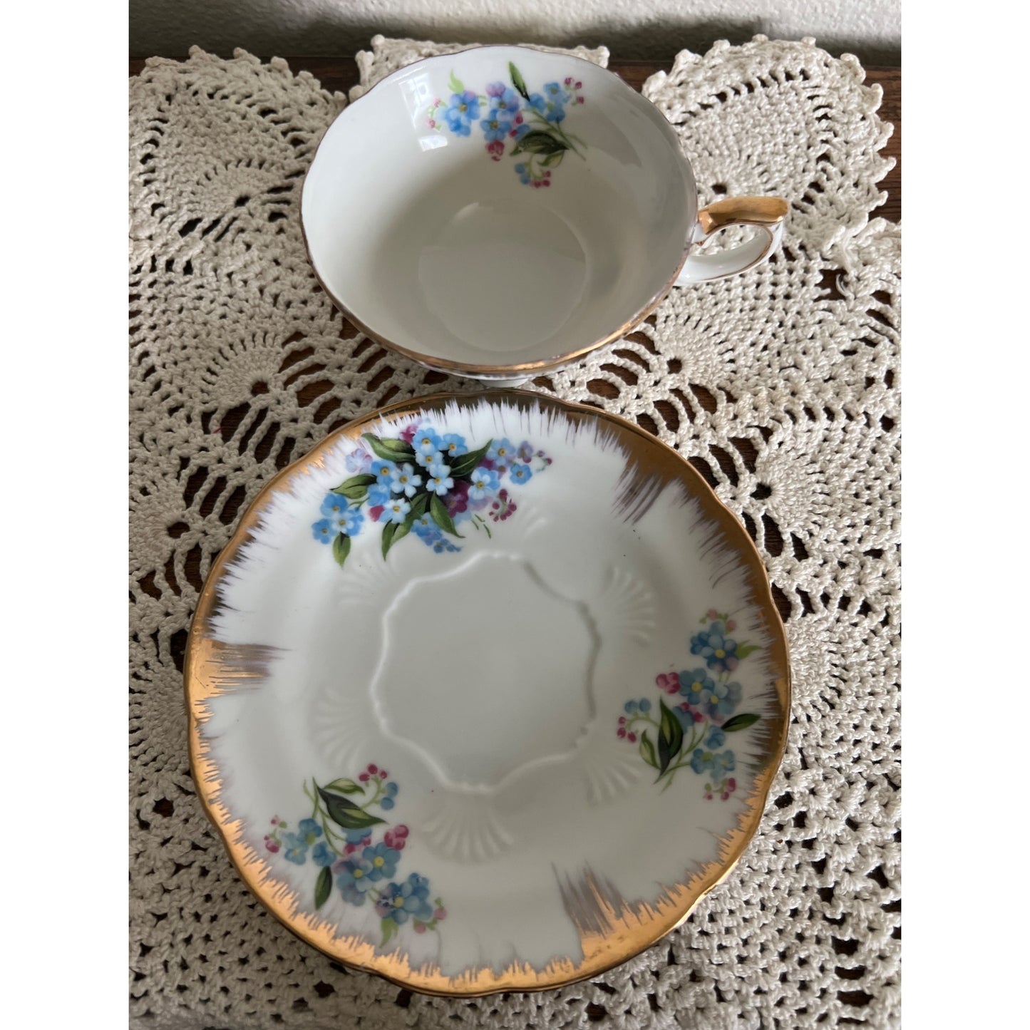 Vintage Japan Teacup & Saucer with Delicate Pink and Blue Flowers and Gold Trim