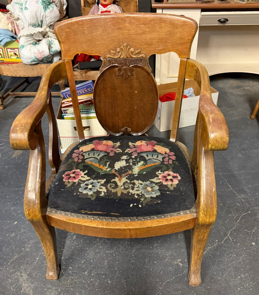 1800s Antique Oak Chair with Needlepoint Upholstery