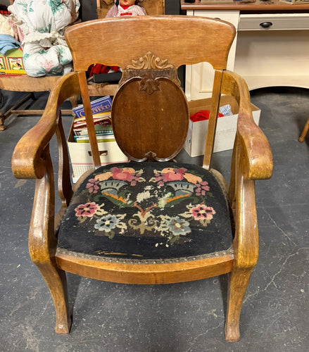 1800s Antique Oak Chair with Needlepoint Upholstery
