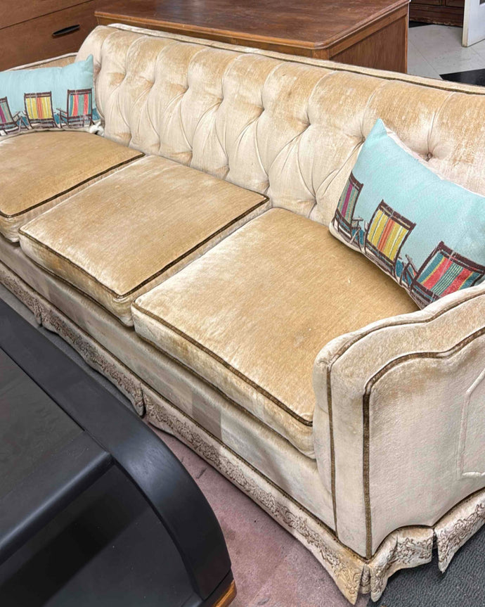 Vintage Levitz Tufted Beige Velvet Sofa