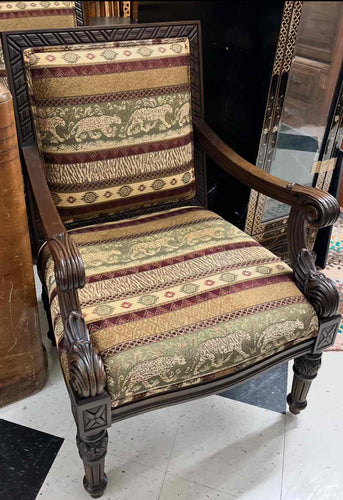Late 20th-century Hand-carved Armchair with Safari-inspired Upholstery