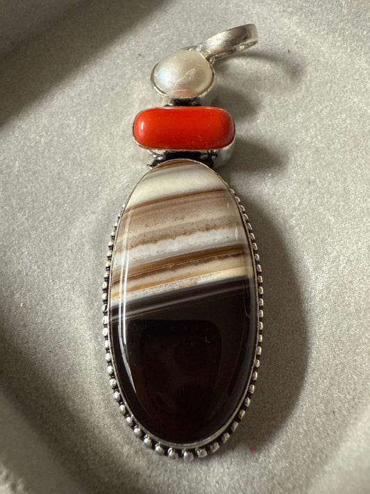 Handmade Luster & Loom Sterling Silver Banded Botswana Agate & Coral Pendant
