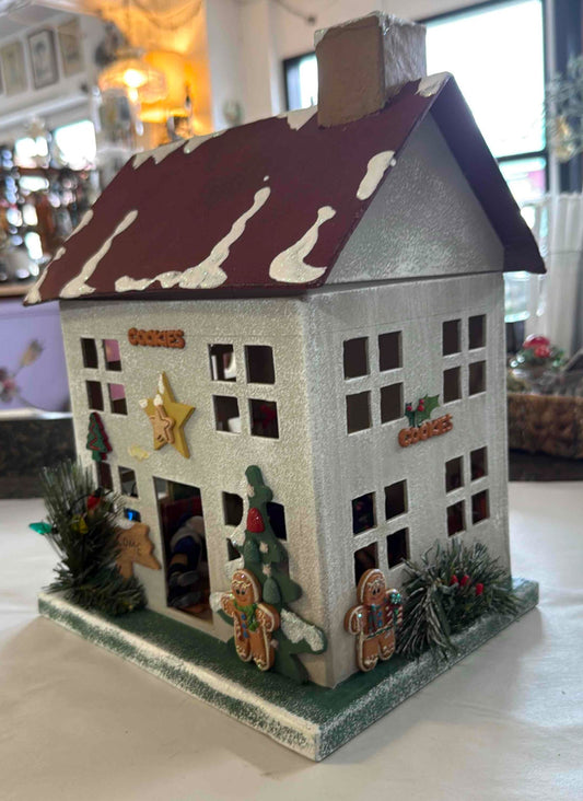 Vintage Style Glittered Christmas House with Gingerbread Men