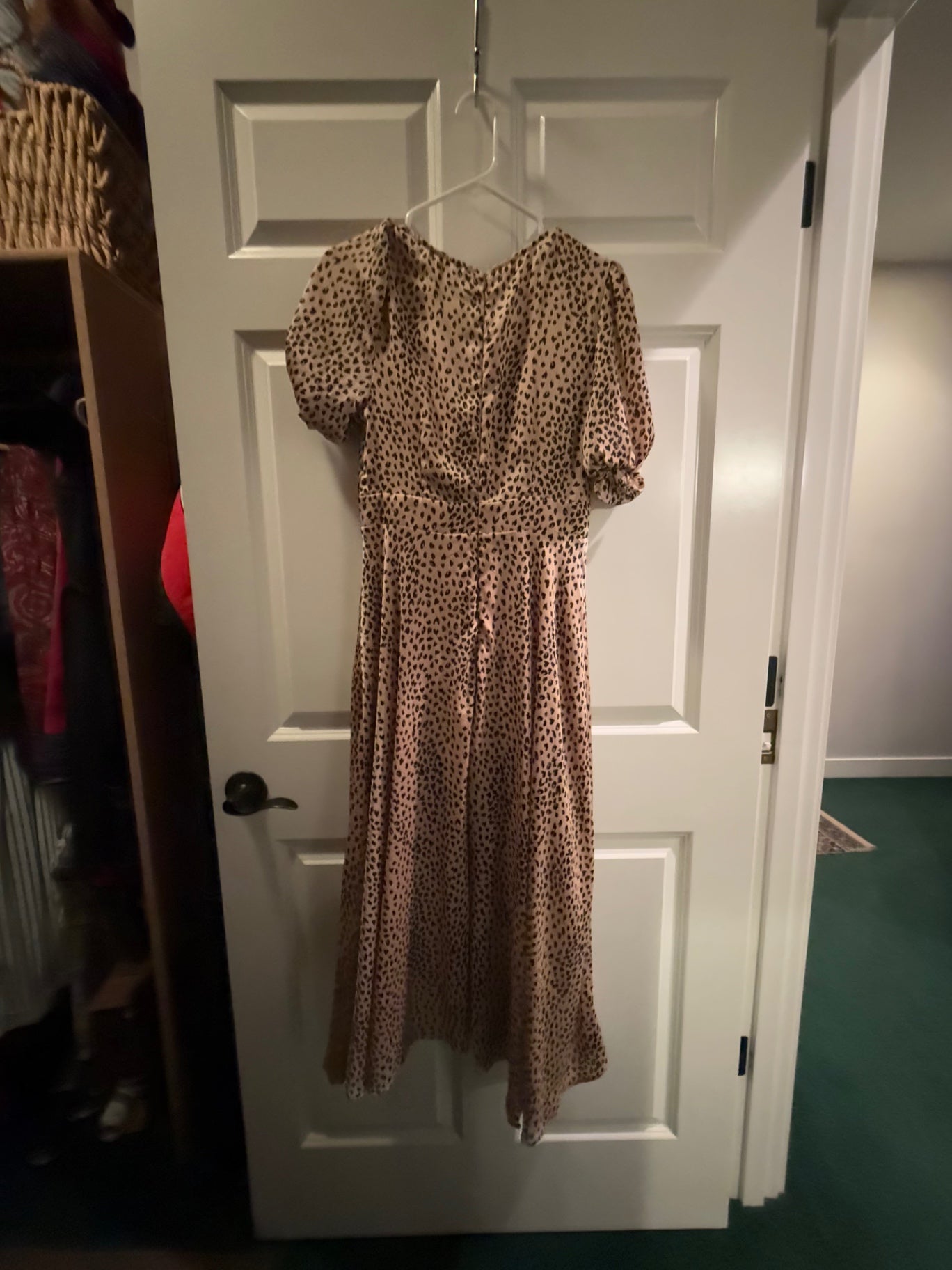 Hello Molly Beige with black spots Likely polyester or similar fabric 6 junior Dress Good