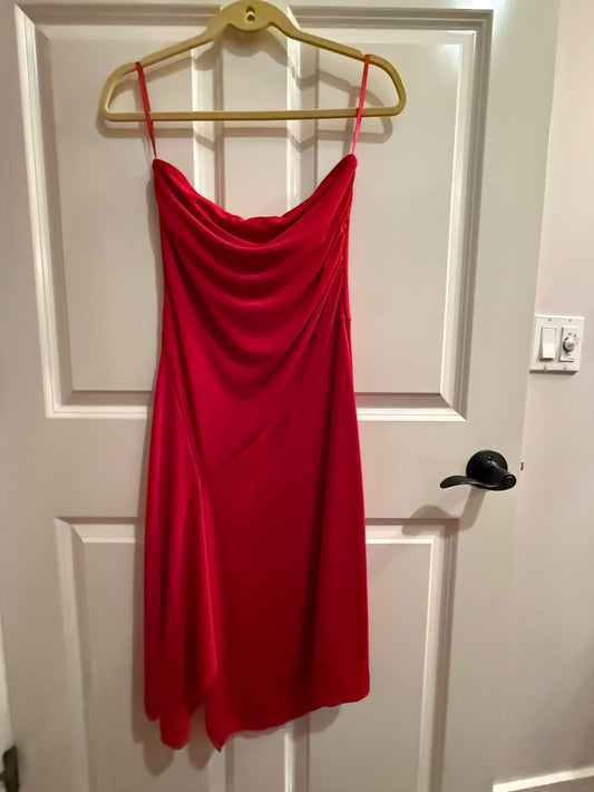 S-Strapless, red mini dress