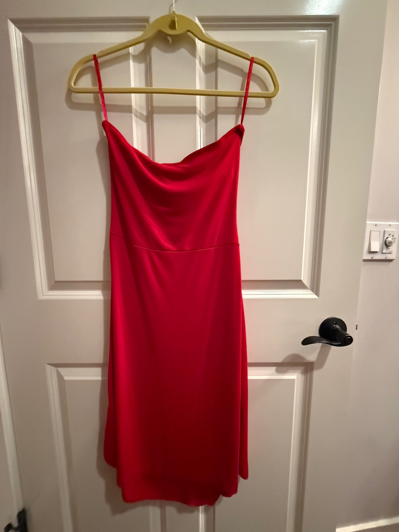 S-Strapless, red mini dress