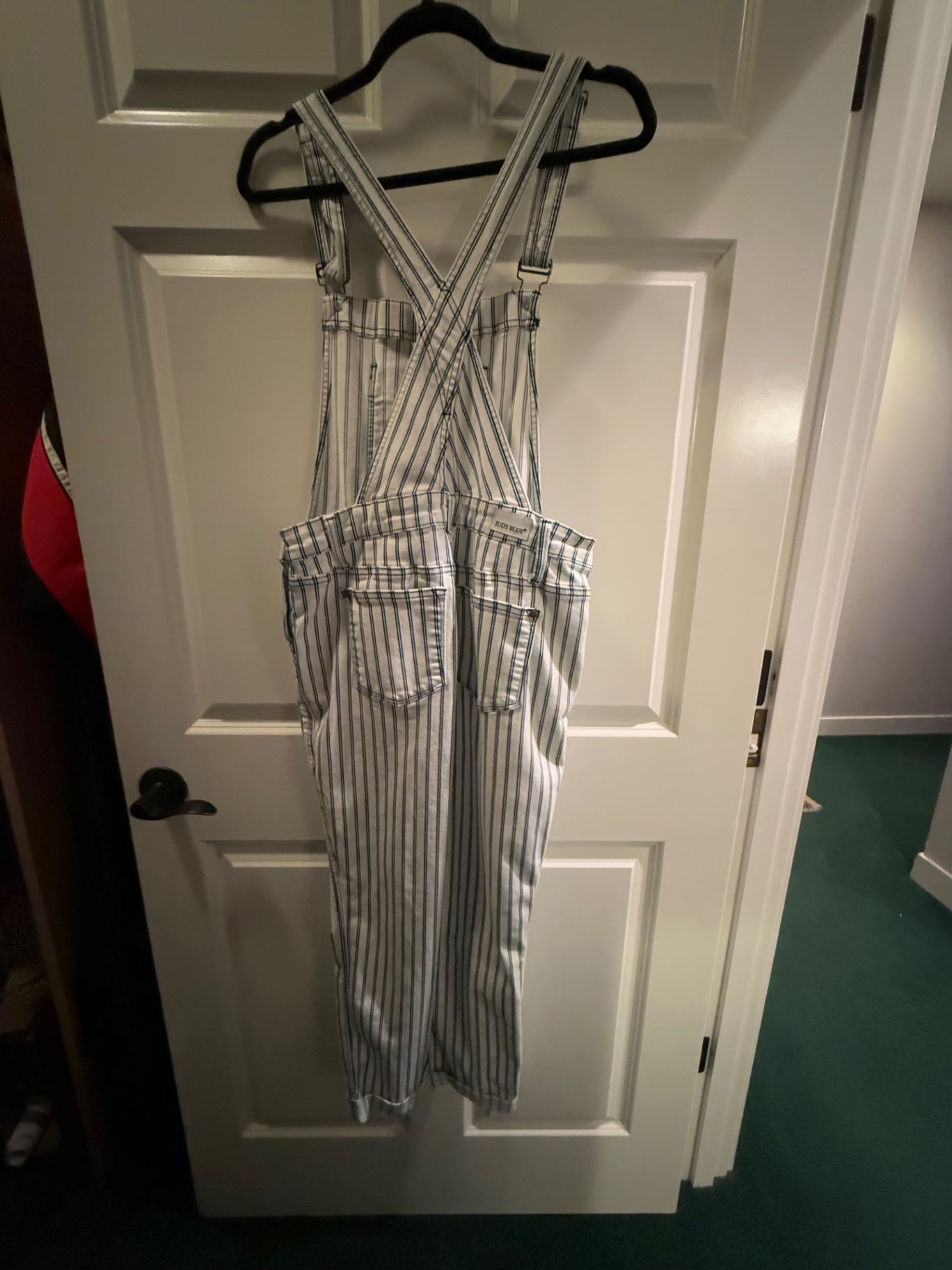 S- Judy blue White and Navy Denim Large Overalls Very Good