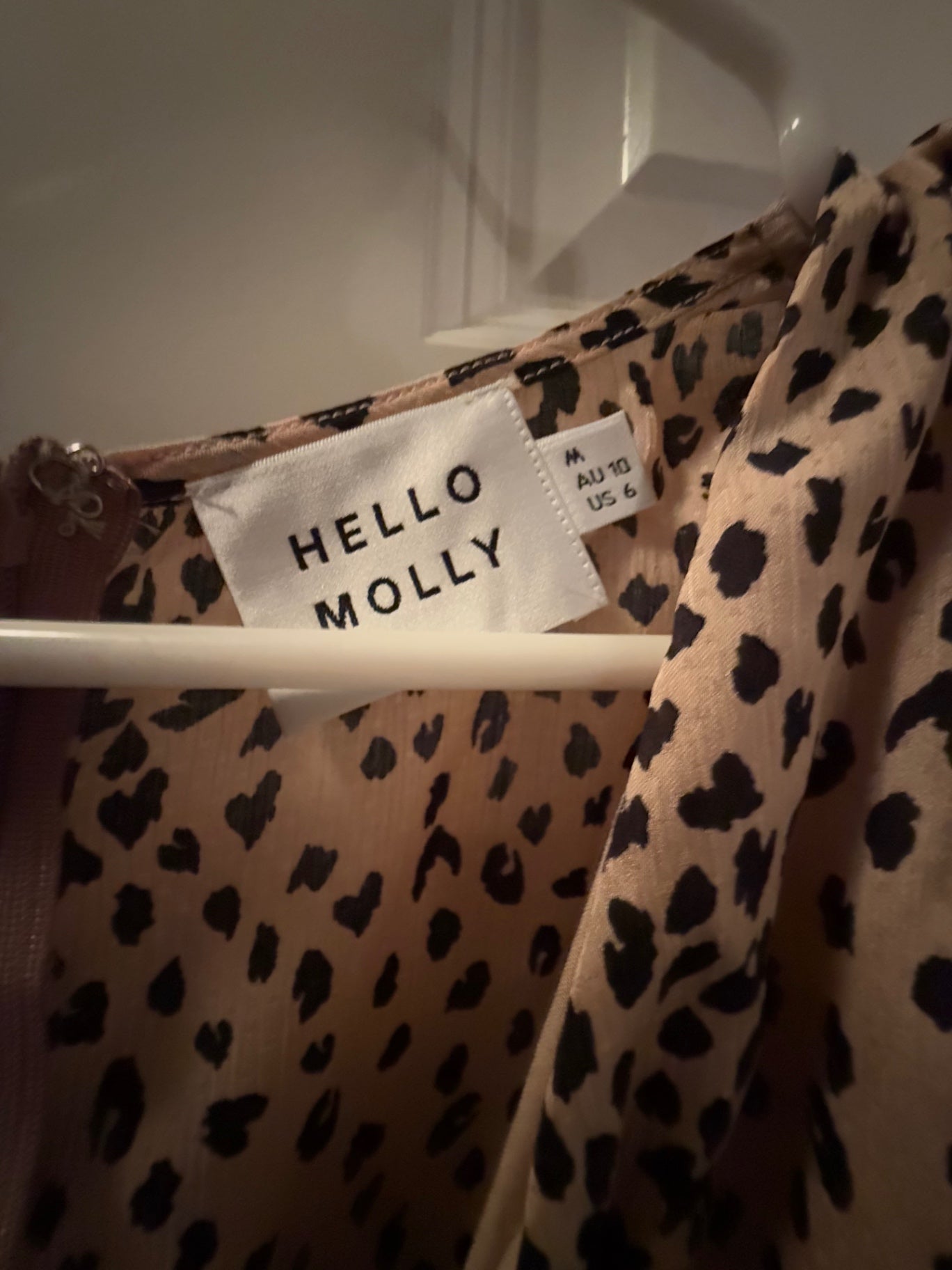 Hello Molly Beige with black spots Likely polyester or similar fabric 6 junior Dress Good