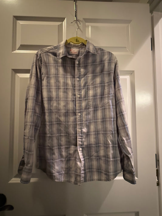 S-Gray and White Fabric Shirt (likely cotton or flannel) Small Shirt Good