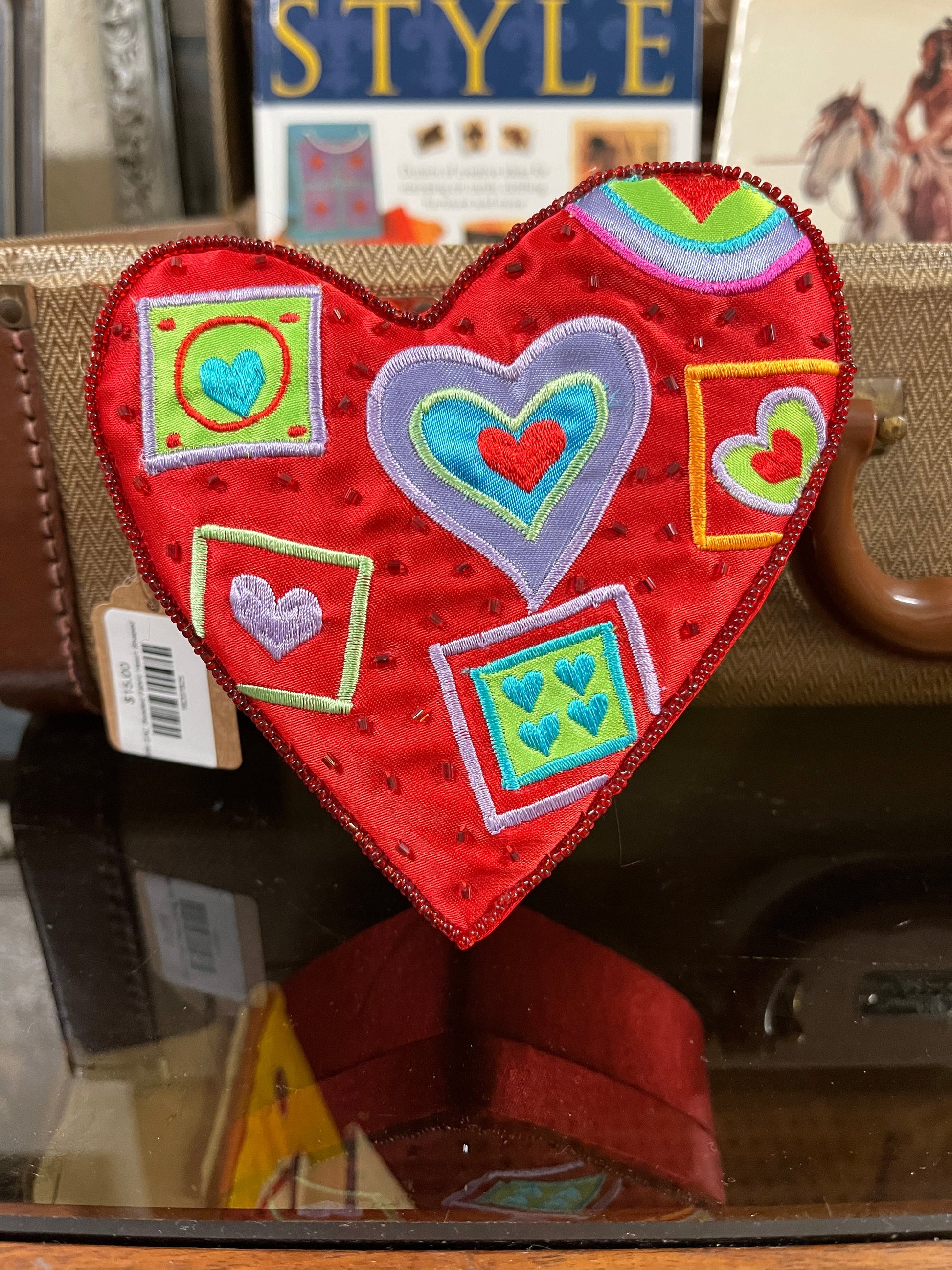 1999 GAC Red Beaded Fabric Heart Shaped Box