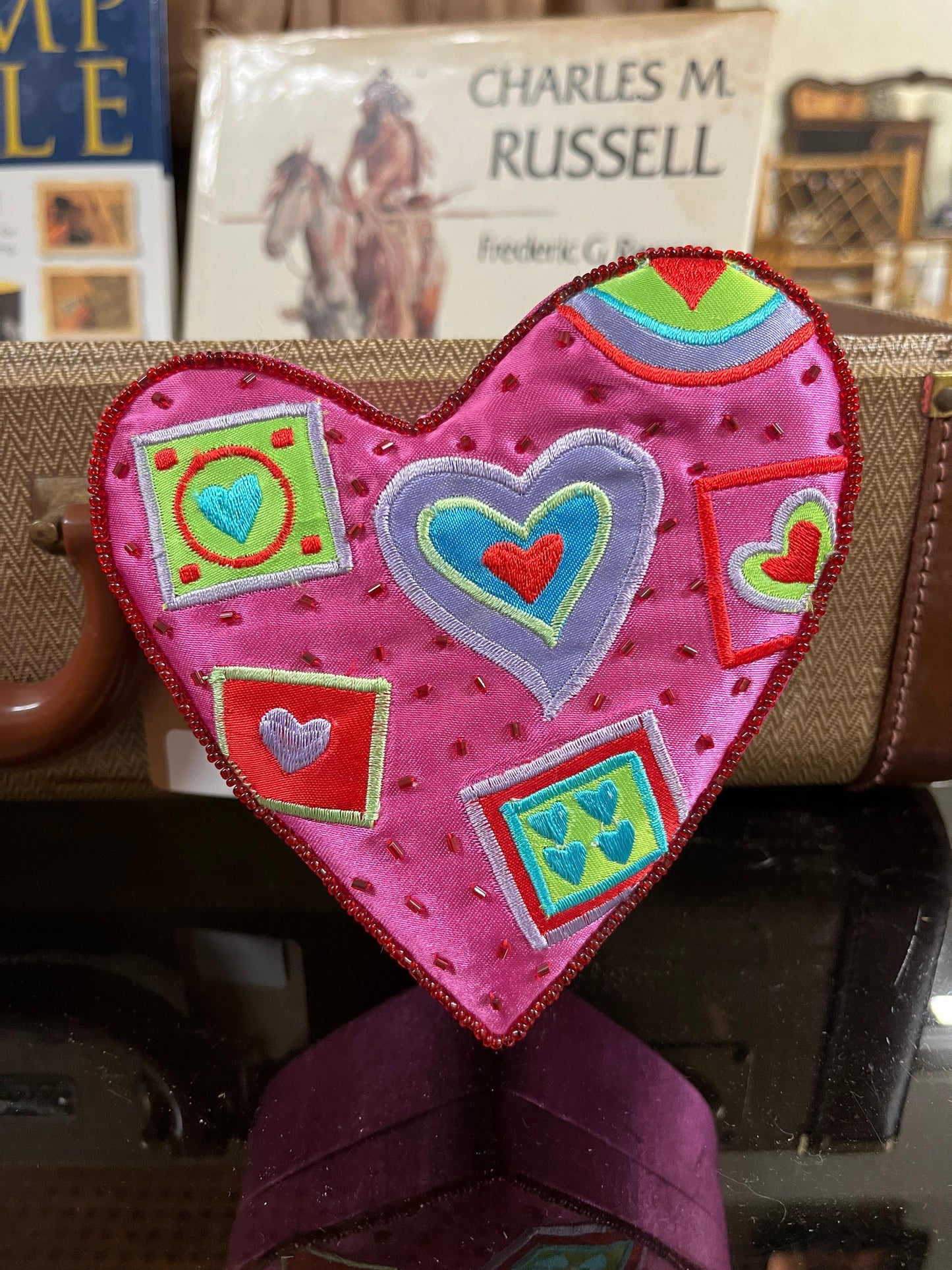 1999 GAC Pink Beaded Fabric Heart Shaped Box