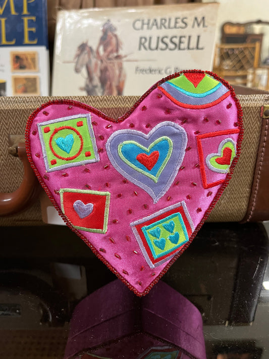 1999 GAC Pink Beaded Fabric Heart Shaped Box