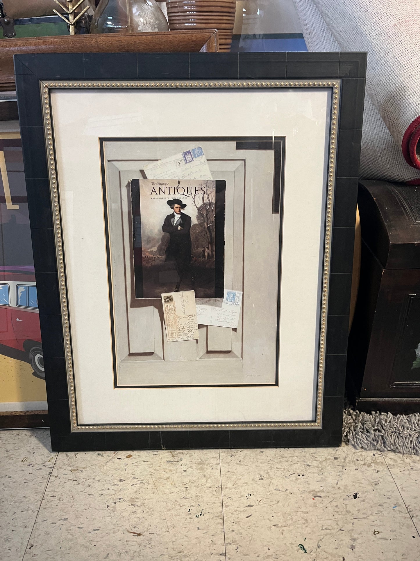 Framed Postcard and Antique Magazine Collage