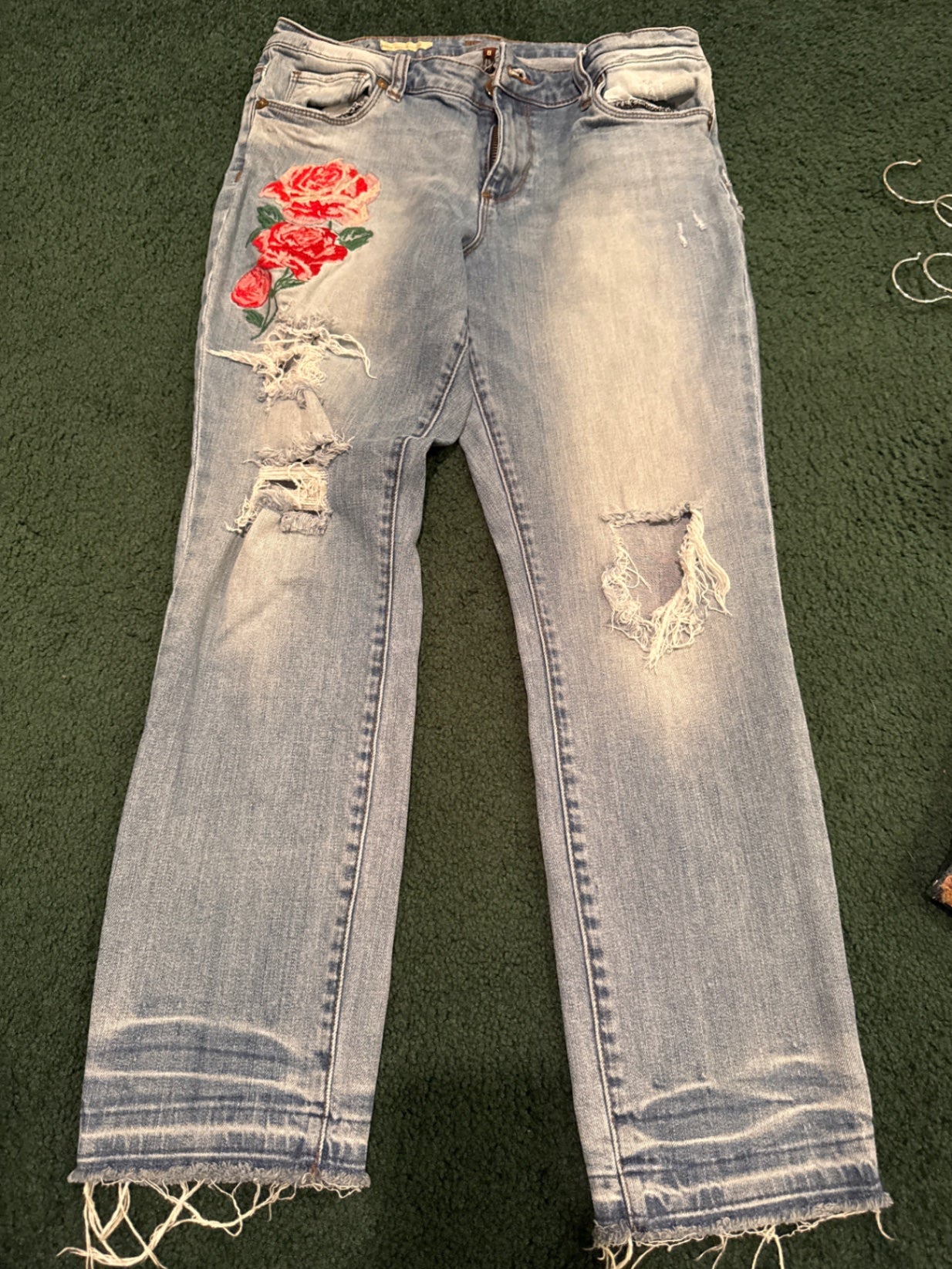 S-Kut Light blue Denim 8 Jeans, pink roses, and distressed jeans