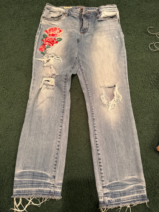 S-Kut Light blue Denim 8 Jeans, pink roses, and distressed jeans