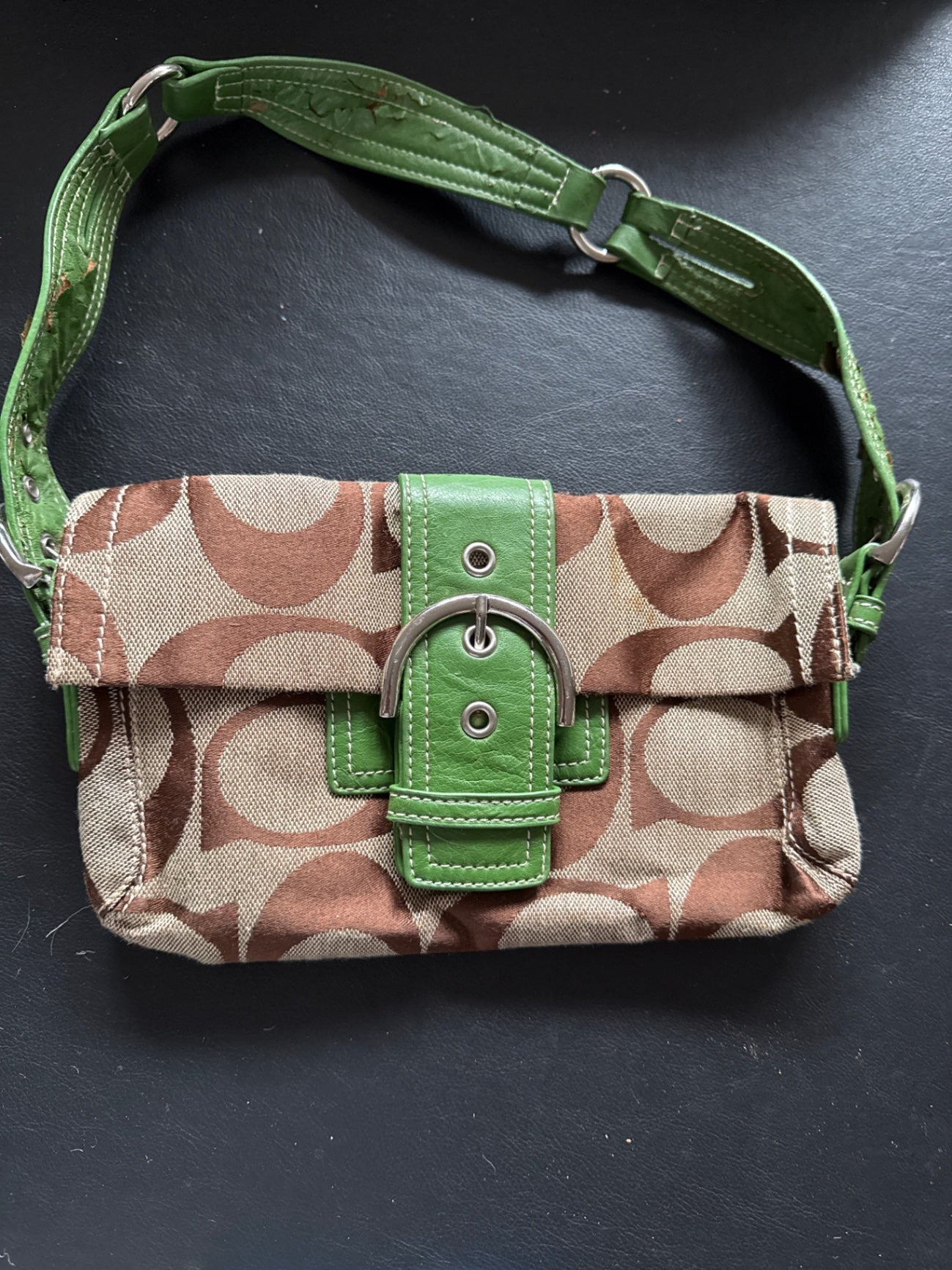 S-Coach Beige and Green Fabric Bag