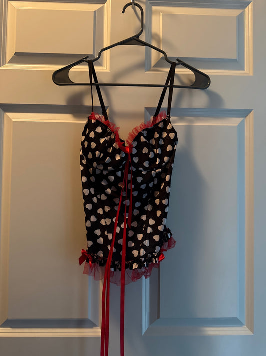 S-Black and white with red accents Satin with lace Lingerie