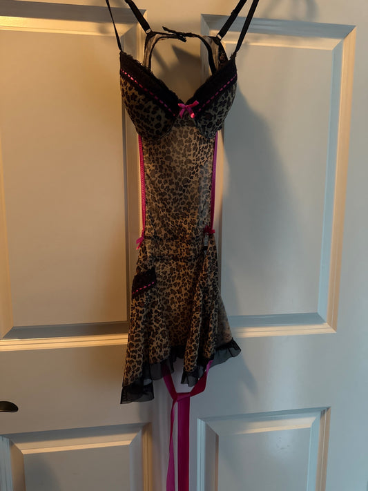 S-Leopard print with black, pink accents Sheer fabric with lace and mesh Lingerie