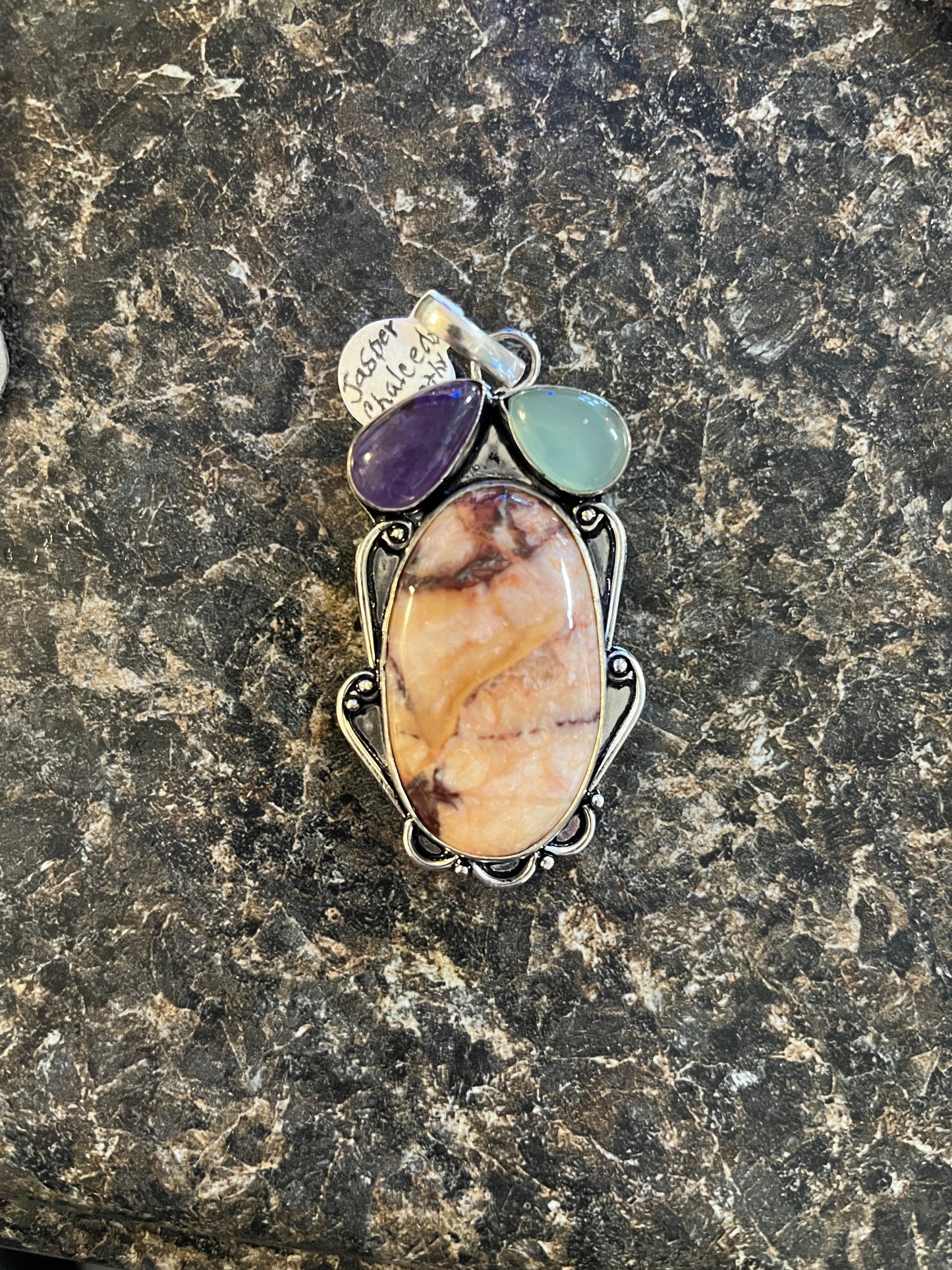 Handmade Luster and Loom Sterling Silver Jasper, Chalecdom, and Amethyst Pendant