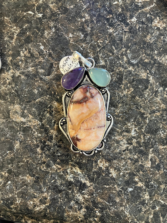 Handmade Luster and Loom Sterling Silver Jasper, Chalecdom, and Amethyst Pendant