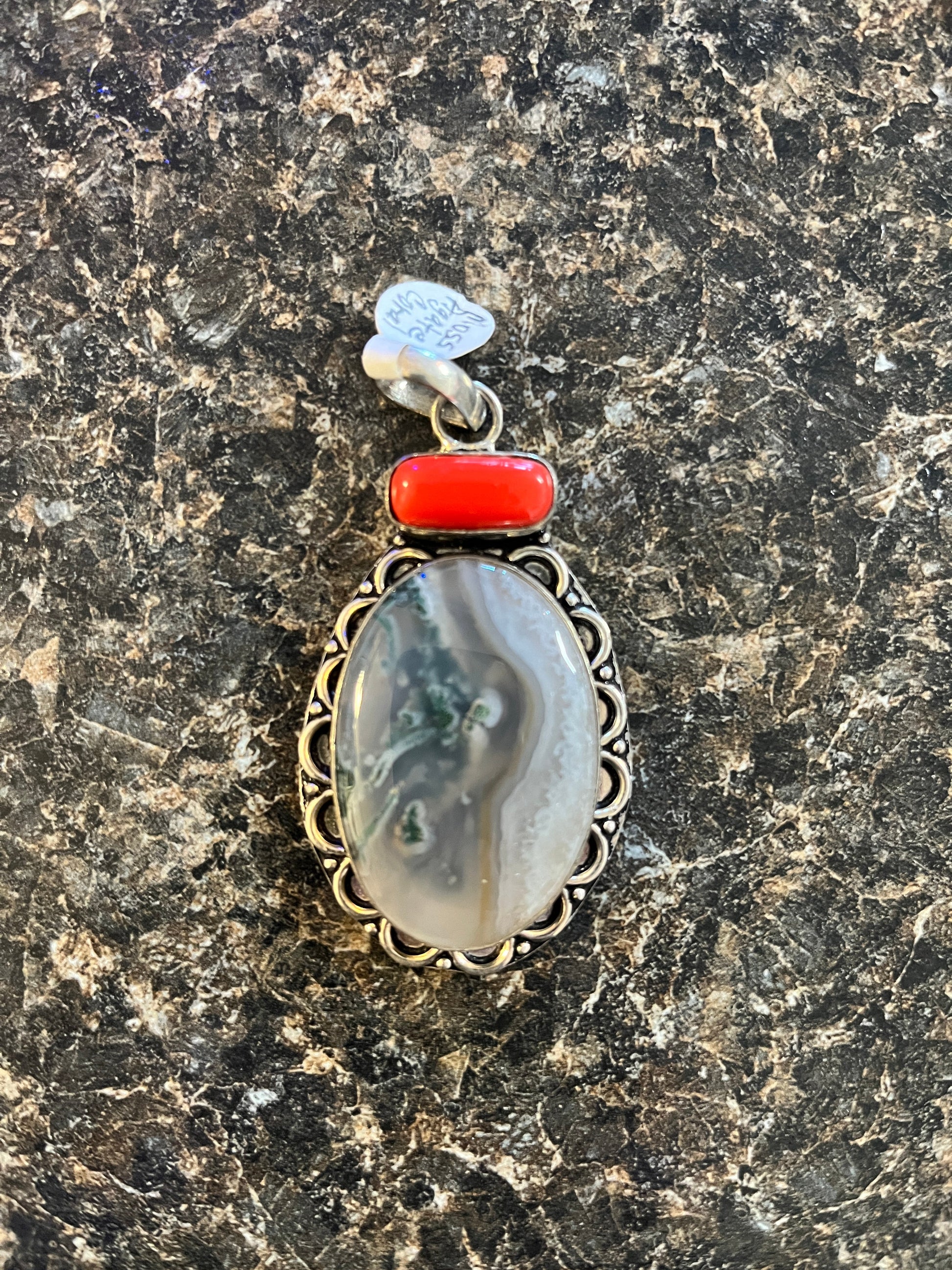 Handmade Luster and Loom Sterling Silver Moss Agate and Coral Pendant
