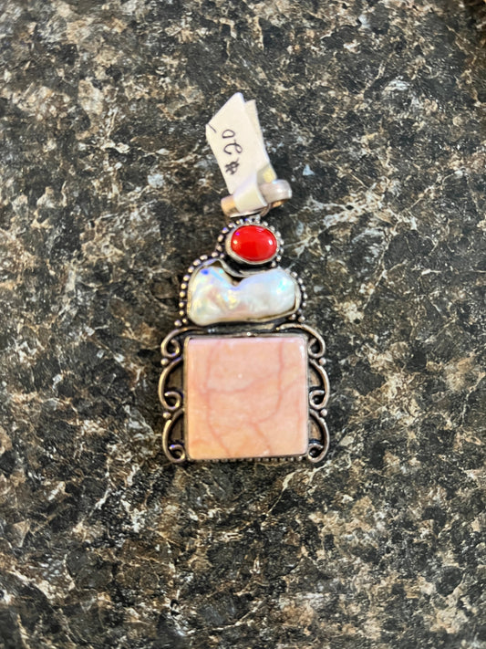 Handmade Luster and Loom Sterling Silver Calcite, Biloa, Coral Pendant