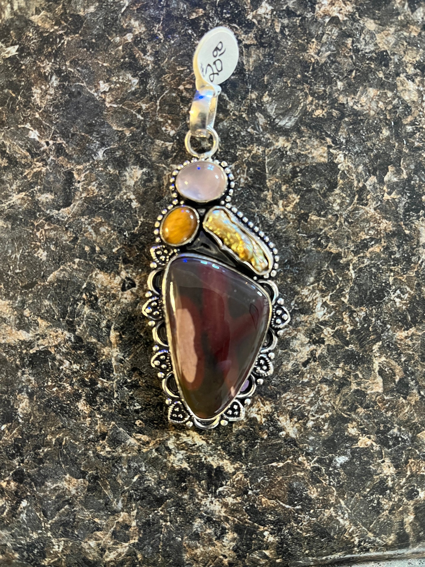 Handmade Luster and Loom Sterling Silver Jasper, Tiger Eye, and Rose Quartz Pendant