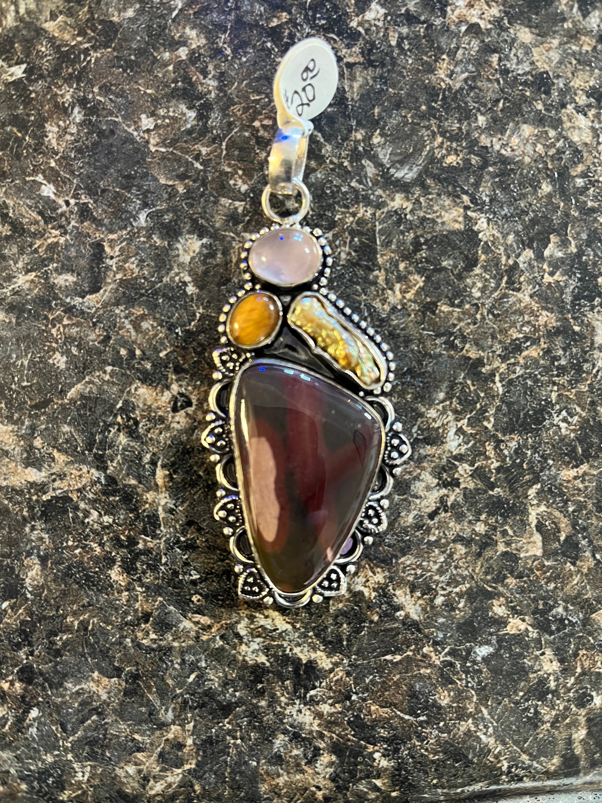 Handmade Luster and Loom Sterling Silver Jasper, Tiger Eye, and Rose Quartz Pendant