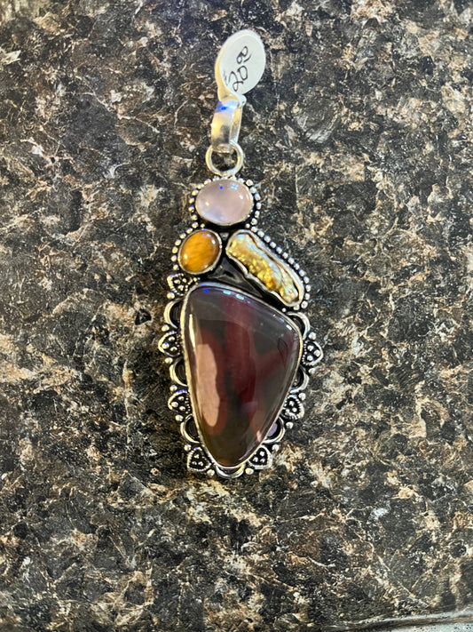 Handmade Luster and Loom Sterling Silver Jasper, Tiger Eye, and Rose Quartz Pendant