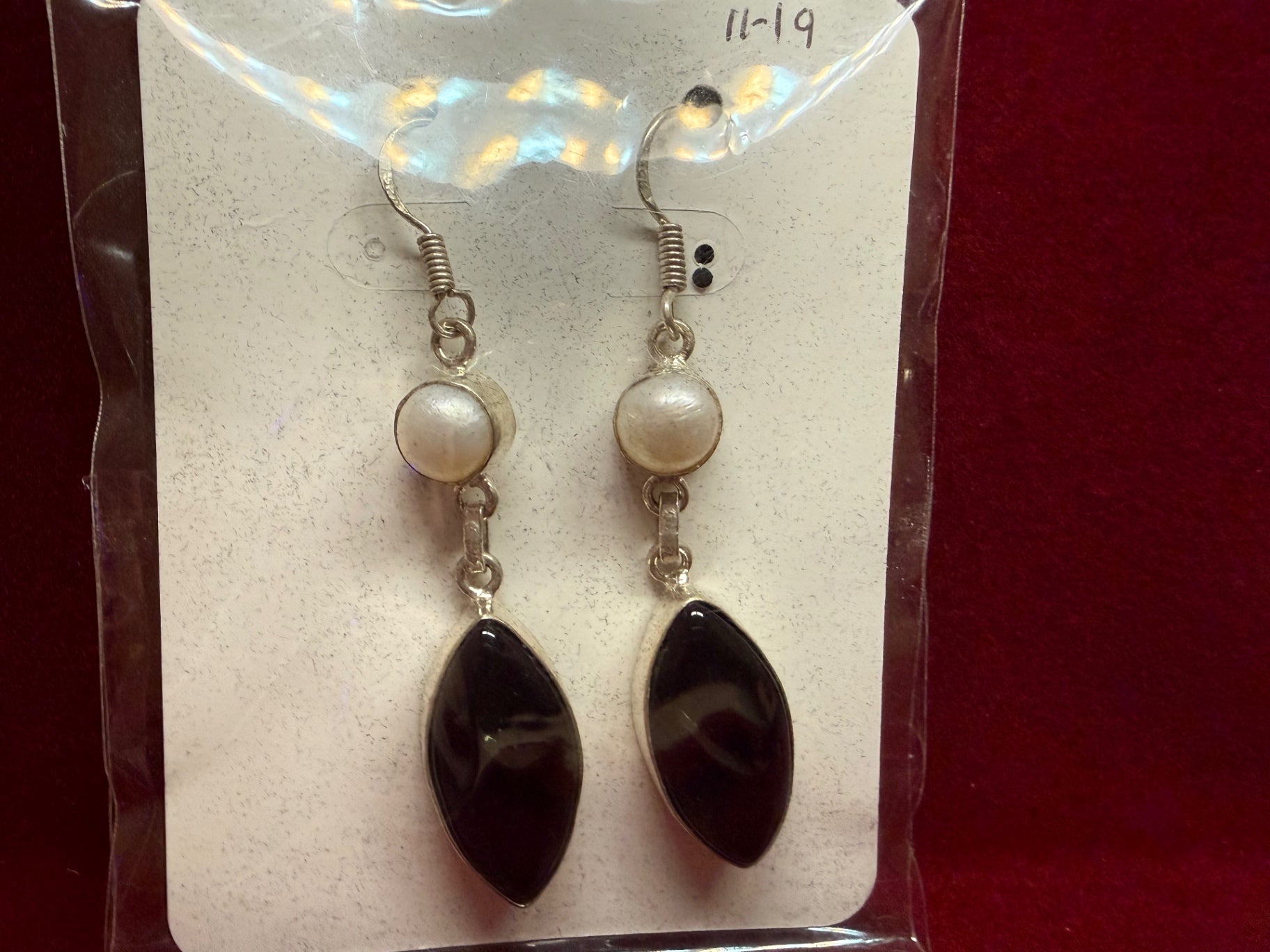 Earrings Sterling silver, cultured, pearl, black stone Jewelry