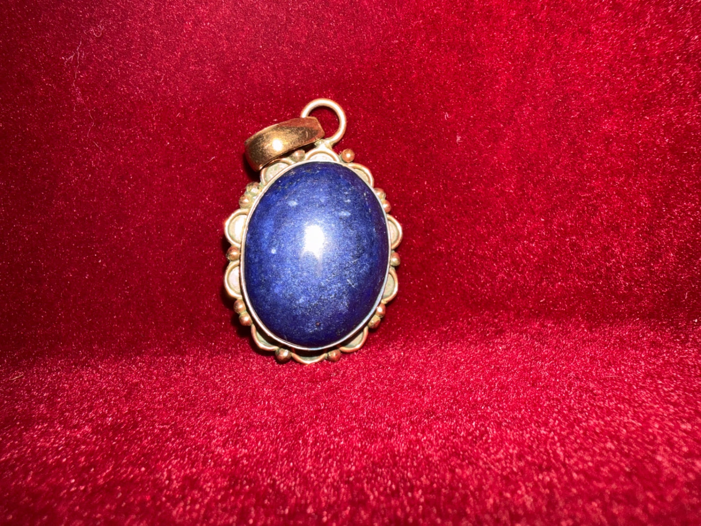 Pendant, blue, lapis, and copper