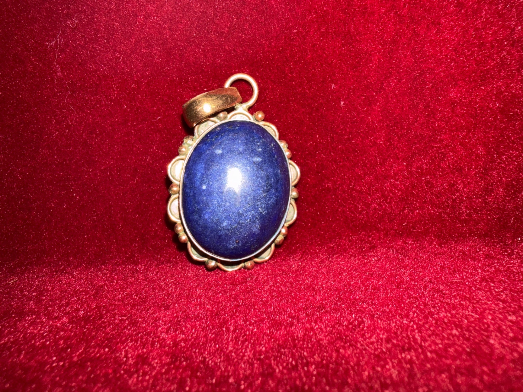 Pendant, blue, lapis, and copper