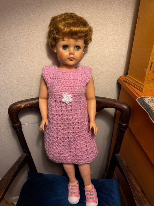 Vvintage Doll with a Pink Crocheted Dress and Shoes