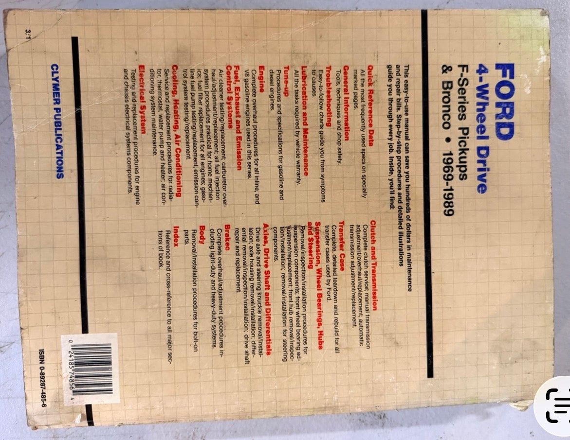 1969 - 1989 Clymer Super Shop Manual Ford 4-Wheel Drive Full Size - F-Series Pickups & Bronco