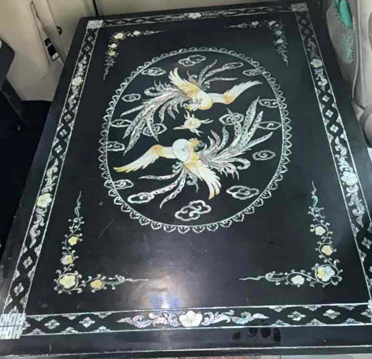 Black, White, Yellow Inlaid Mother of Pearl Large Decorative Item Good
