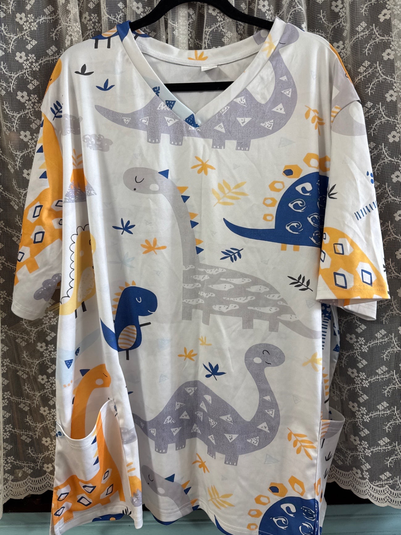 Happy Scrubs White with yellow, blue, and gray dinosaur pattern Synthetic Blend 5XL Scrub New without tags