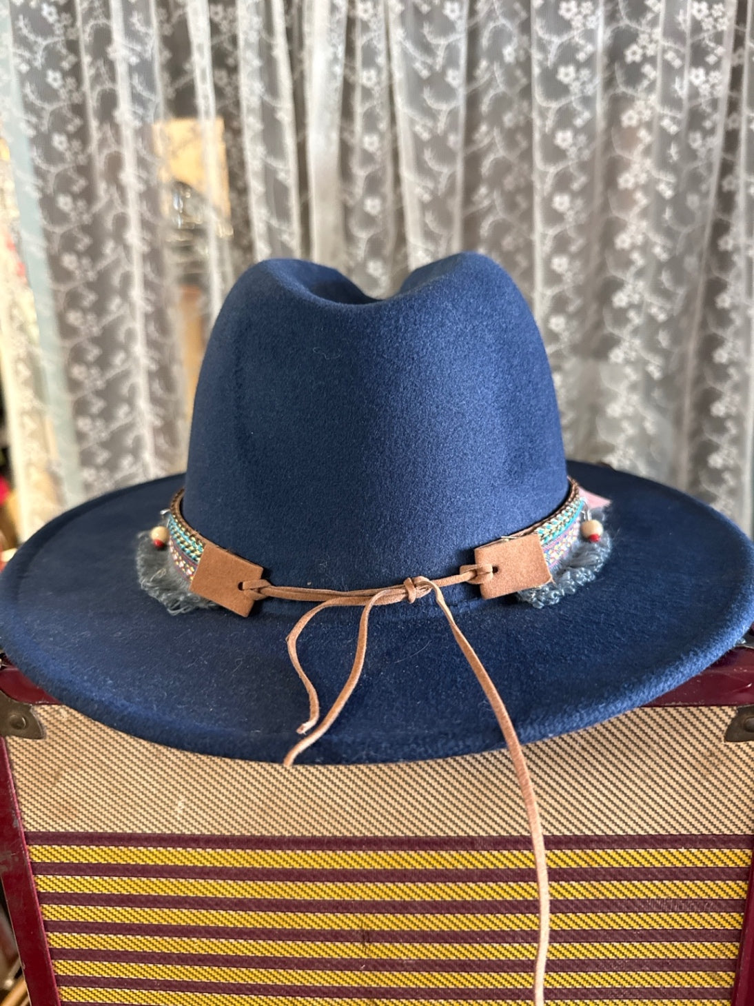 Navy Boho Rancher Hat | Wide Brim Fedora with Turquoise & Beaded Band | Festival Western Chic
