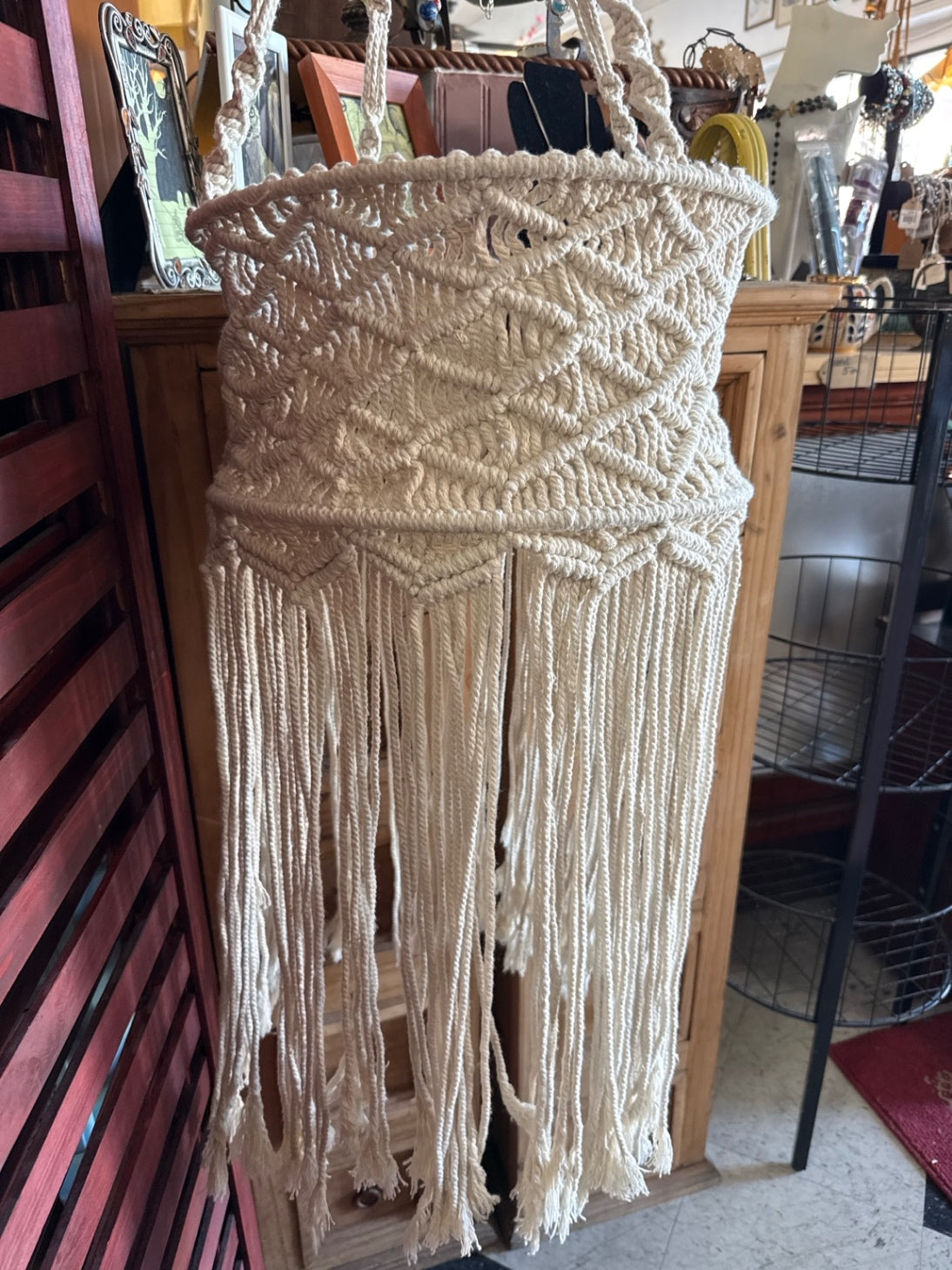 Large Handmade Macramé Hanging Planter Basket | Boho Cotton Plant Holder with Fringe