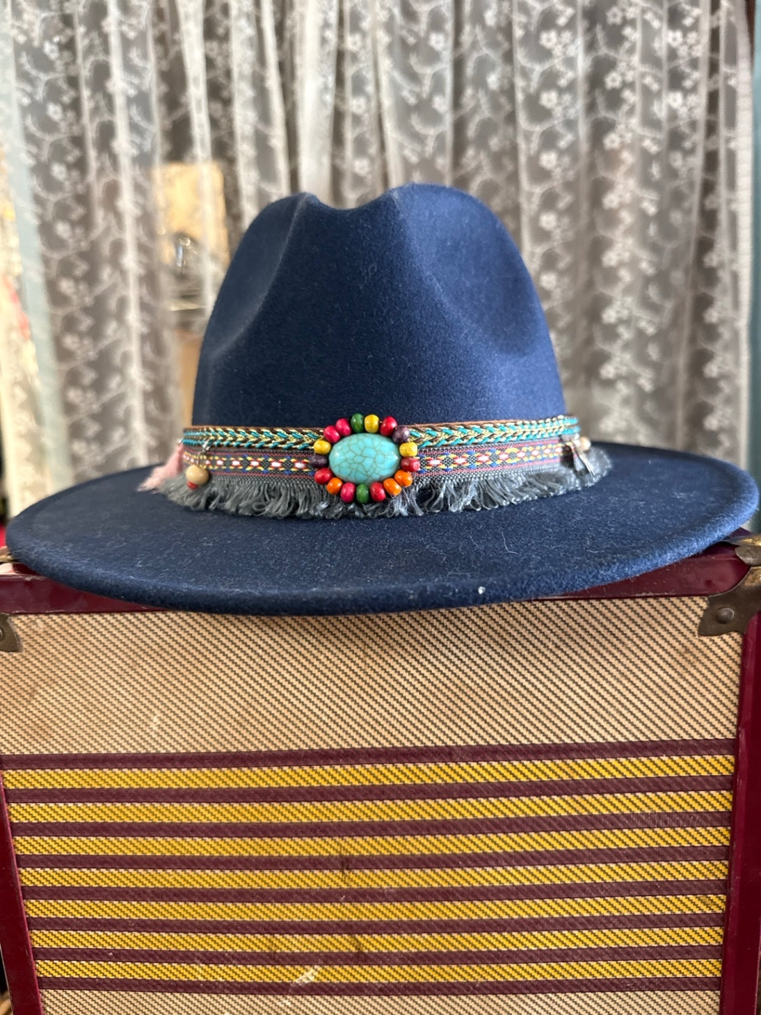 Navy Boho Rancher Hat | Wide Brim Fedora with Turquoise & Beaded Band | Festival Western Chic