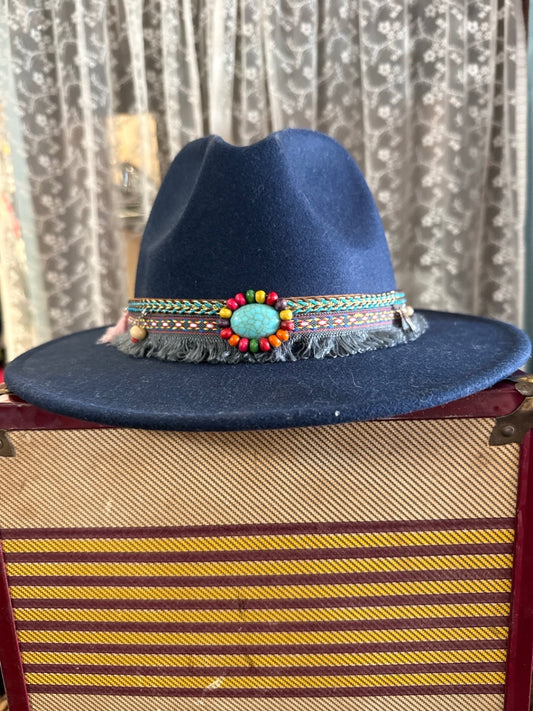 Navy Boho Rancher Hat | Wide Brim Fedora with Turquoise & Beaded Band | Festival Western Chic