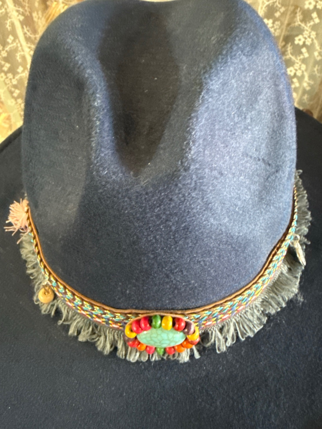 Navy Boho Rancher Hat | Wide Brim Fedora with Turquoise & Beaded Band | Festival Western Chic