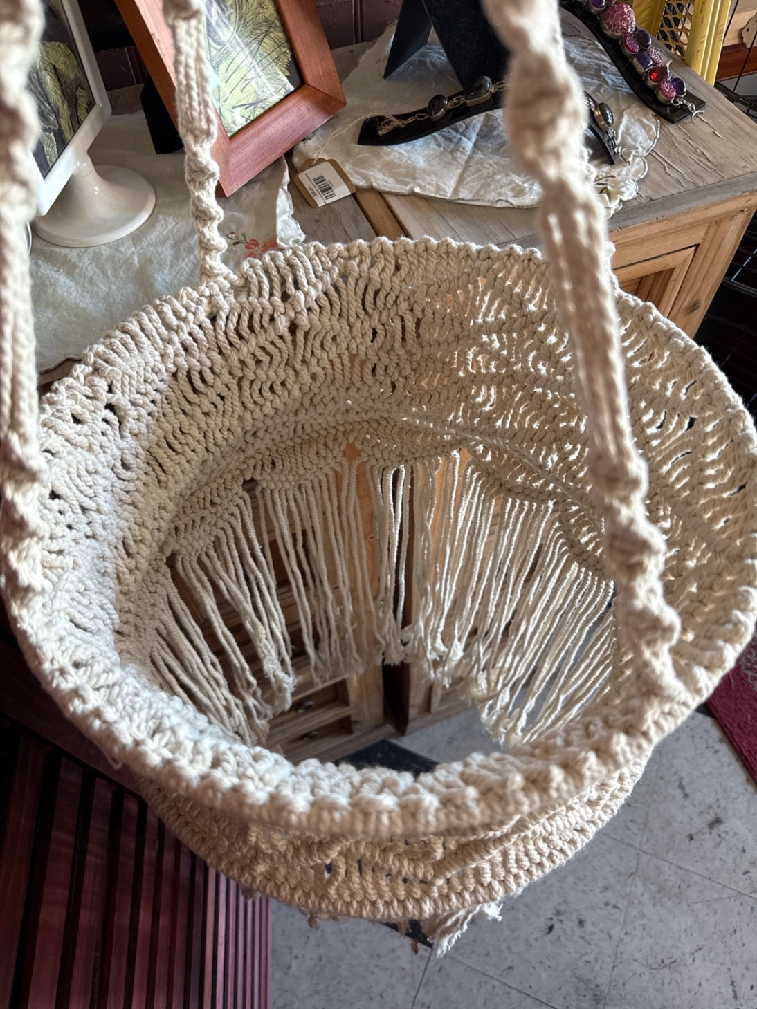 Large Handmade Macramé Hanging Planter Basket | Boho Cotton Plant Holder with Fringe